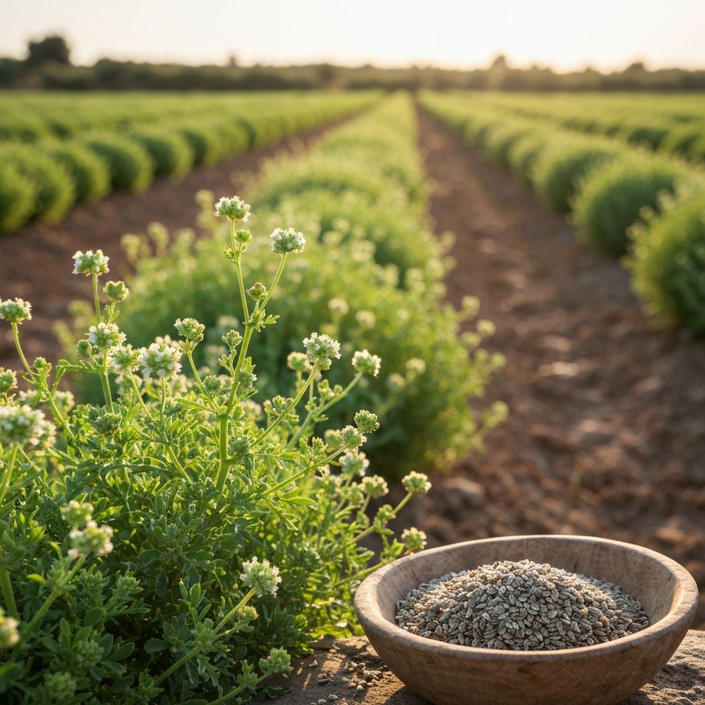 Trigonella foenum-graecum herb plant with seeds in wooden bowl