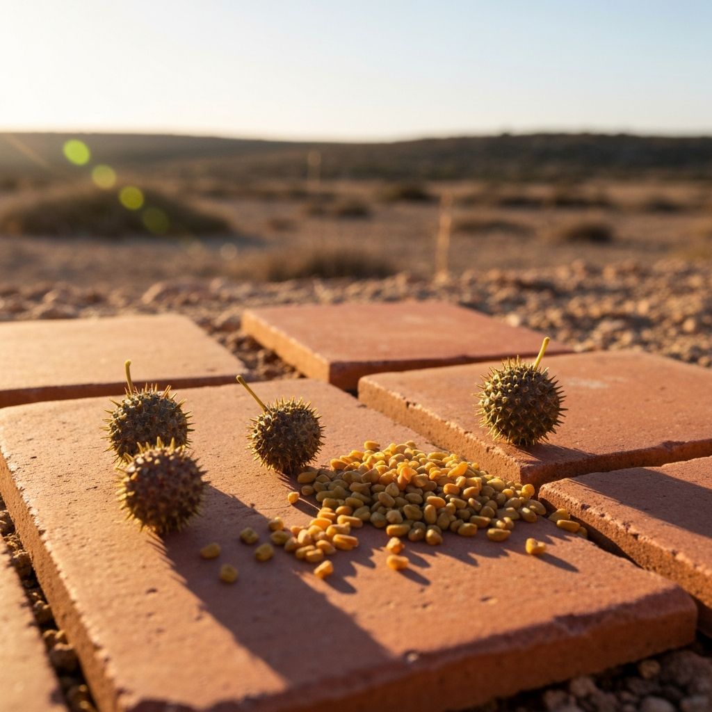 Tribulus terrestris spiky fruits and fenugreek seeds on Mediterranean terracotta tiles