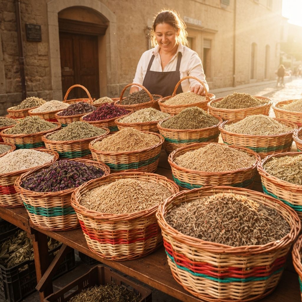 Traditional Italian herbal market display with dried seeds and herbs in wicker baskets